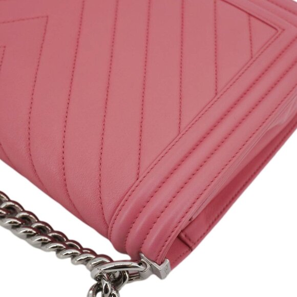 CHANEL Boy Flap Old Medium Chevron Leather Crossbody Bag Pink Chanel  Boy Flap Old Medium Chevron Leather Crossbody Pink